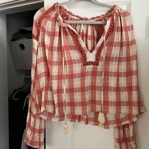Free People Plaid tie-front blouse